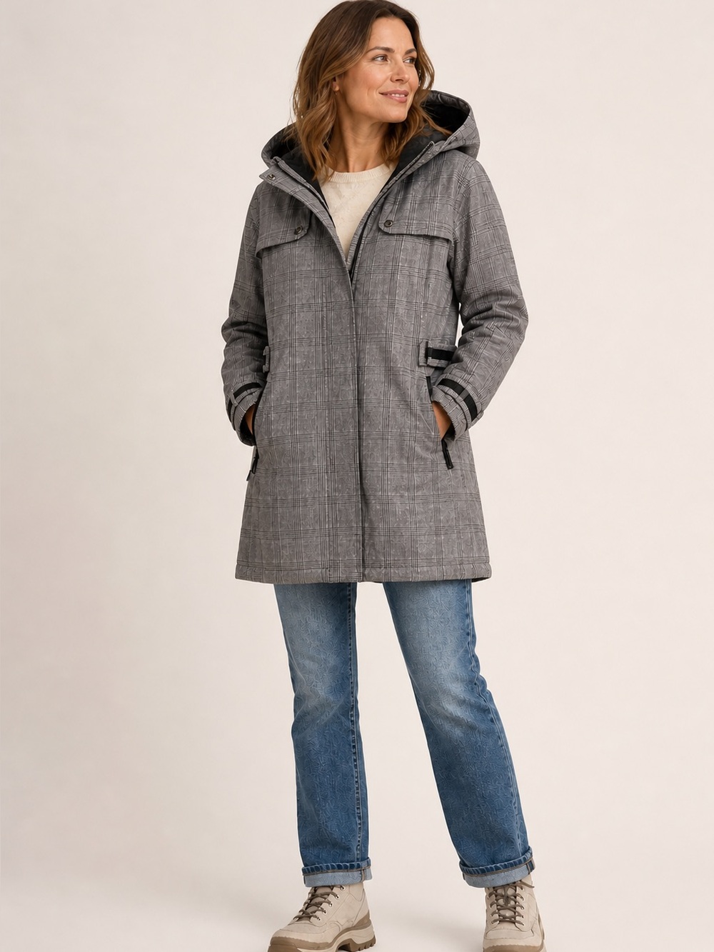 North Side Plaid Hooded Quilted Lined Rain Jacket Womens 16W hood neutral plus